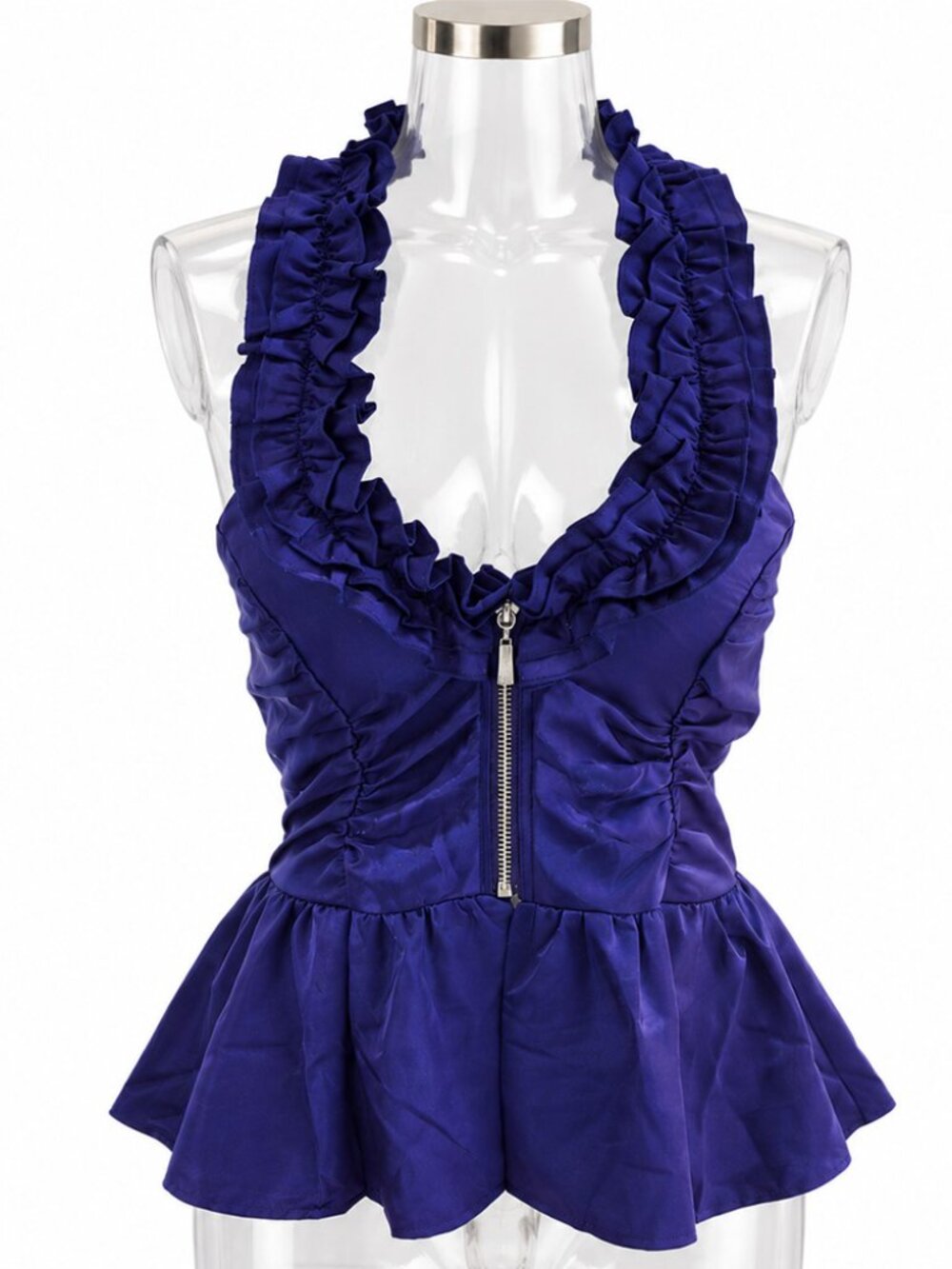 Lydia Royal Blue Ruffle Halter Peplum Zip Front Top NWT
